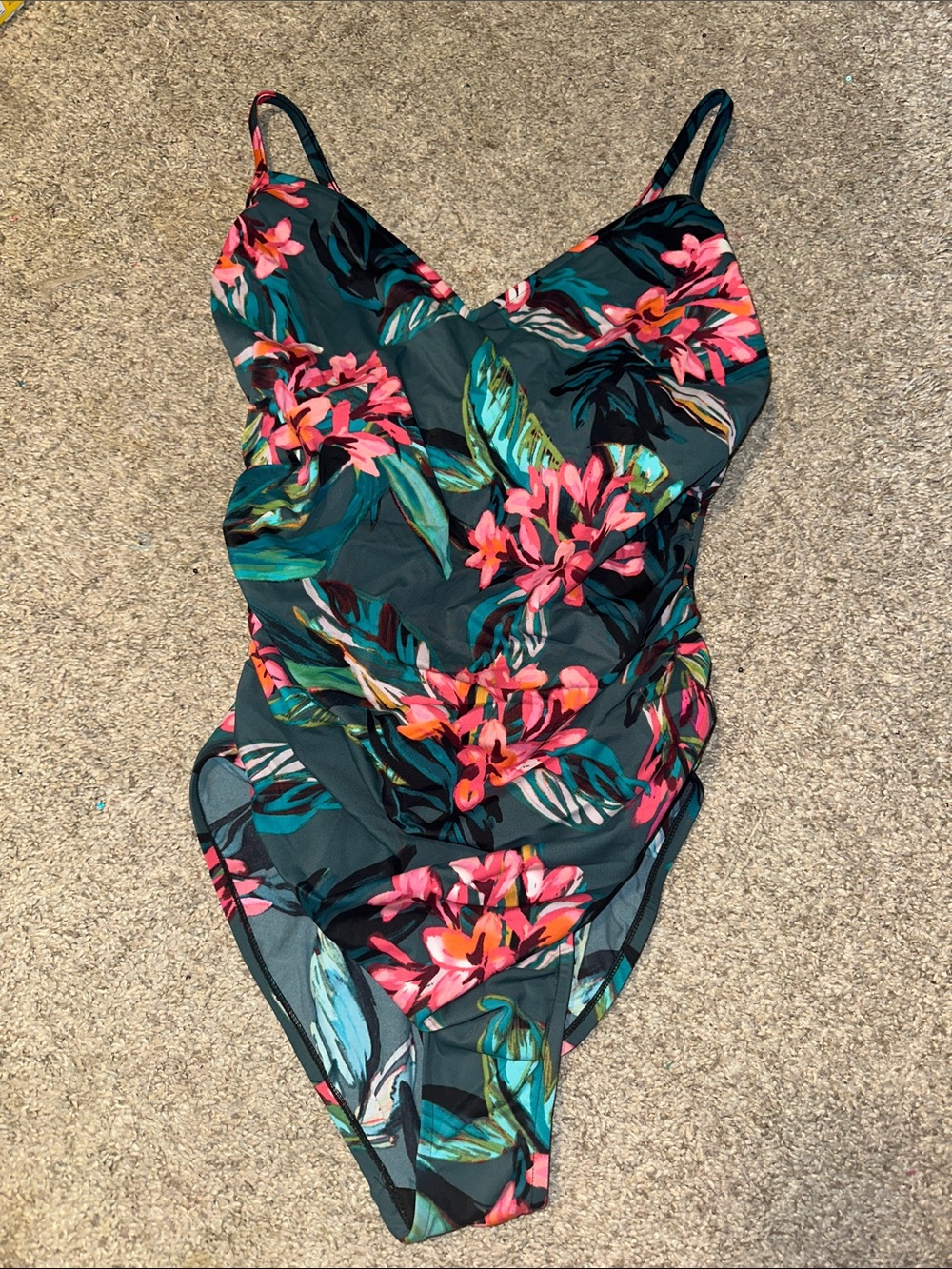 Aqua Green Teal and Black Floral Swimsuit